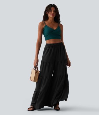 Pantalon taille haute à jambe large et fluide, effet lin, avec poches