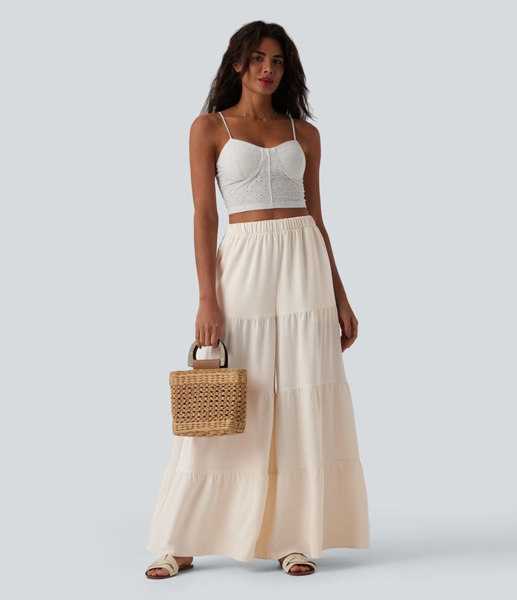 High Waisted Wide Leg Flowy Linen-Feel Trousers with Pockets