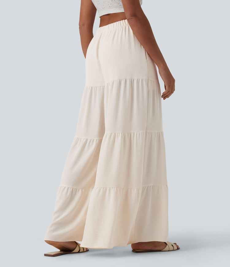 High Waisted Wide Leg Flowy Linen-Feel Trousers with Pockets