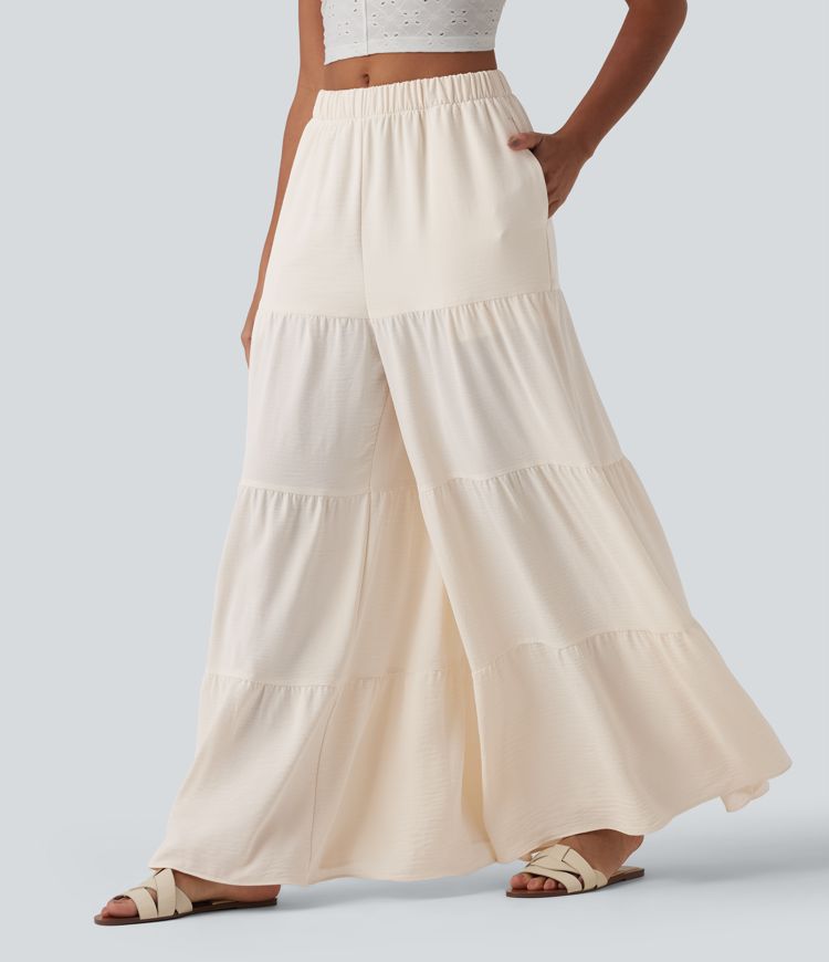 High Waisted Wide Leg Flowy Linen-Feel Trousers with Pockets