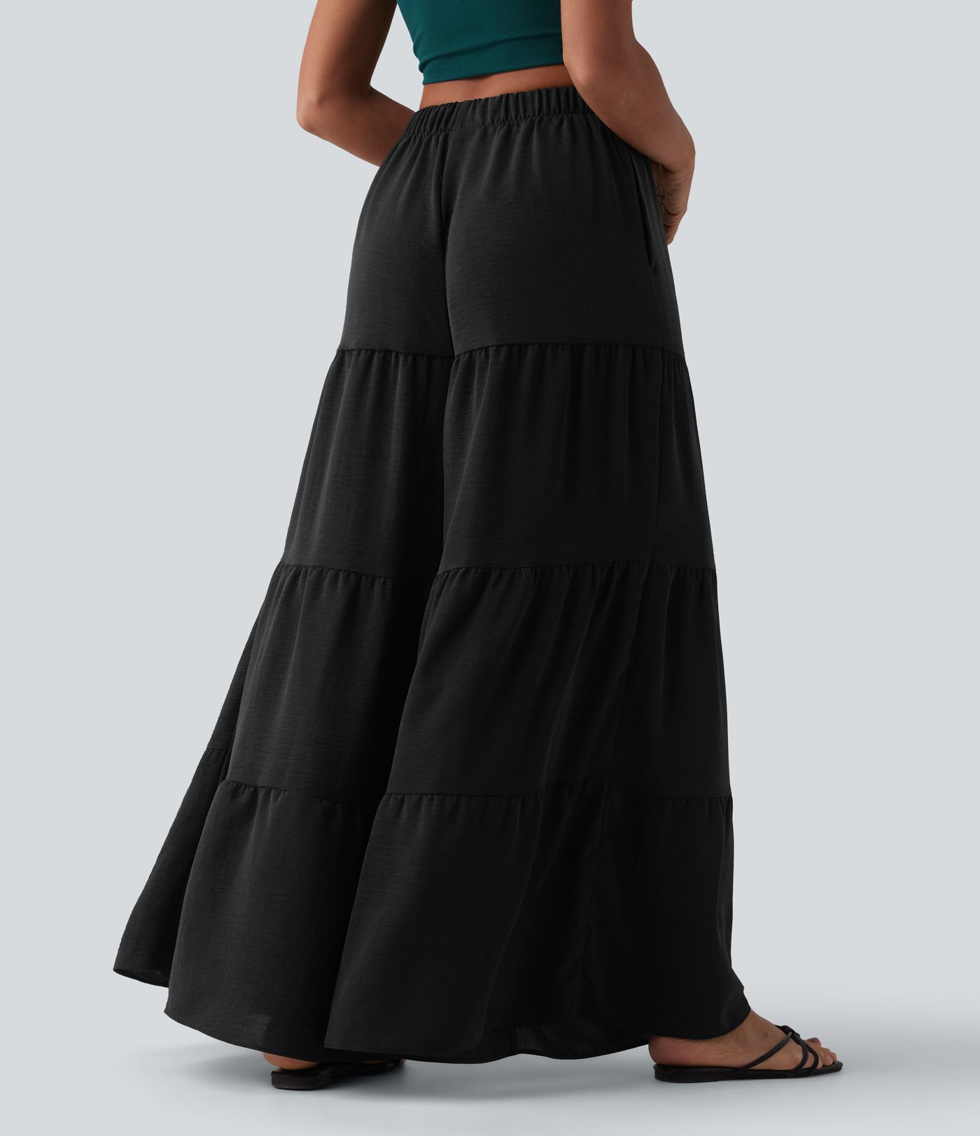 Pantalon taille haute à jambe large et fluide, effet lin, avec poches