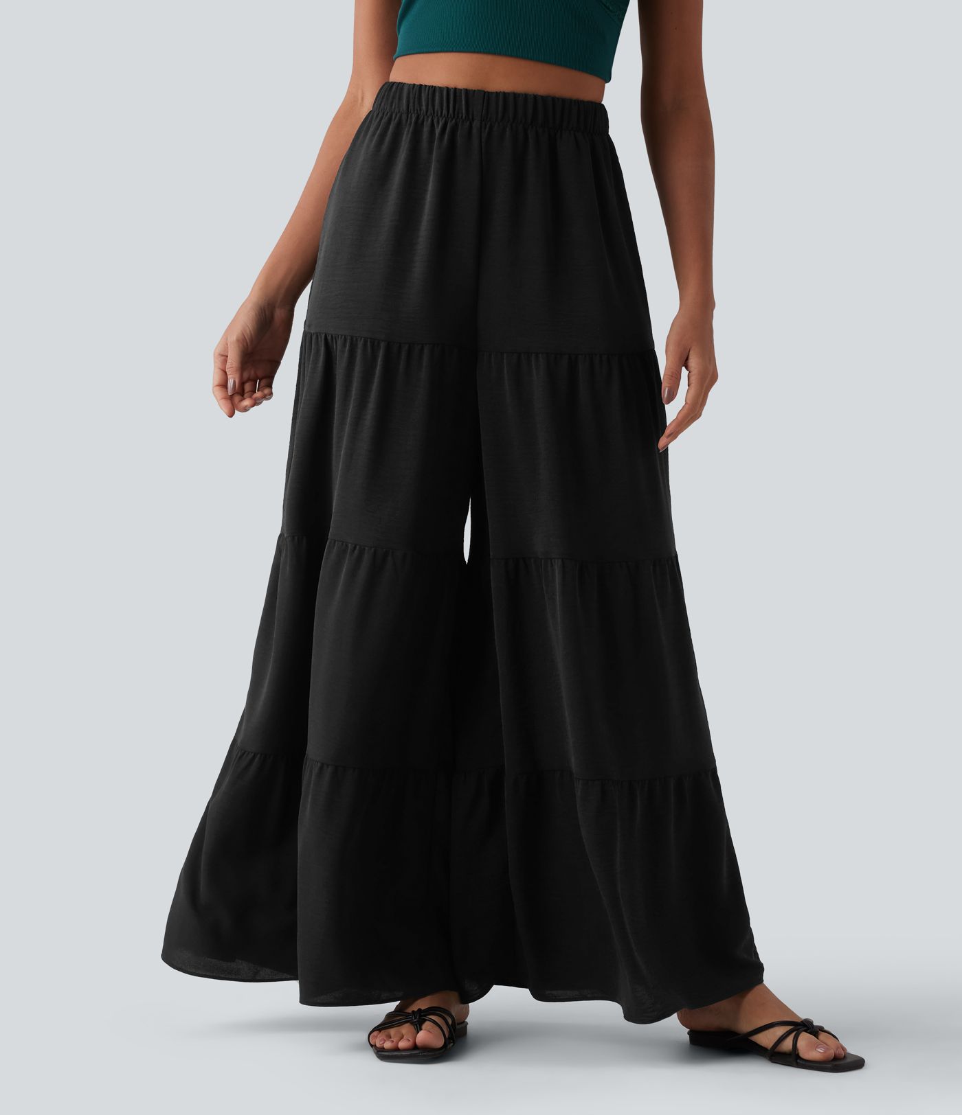 Pantalon taille haute à jambe large et fluide, effet lin, avec poches
