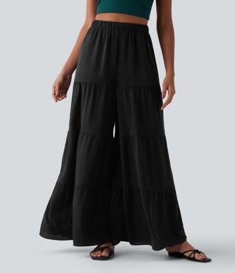 Pantalon taille haute à jambe large et fluide, effet lin, avec poches
