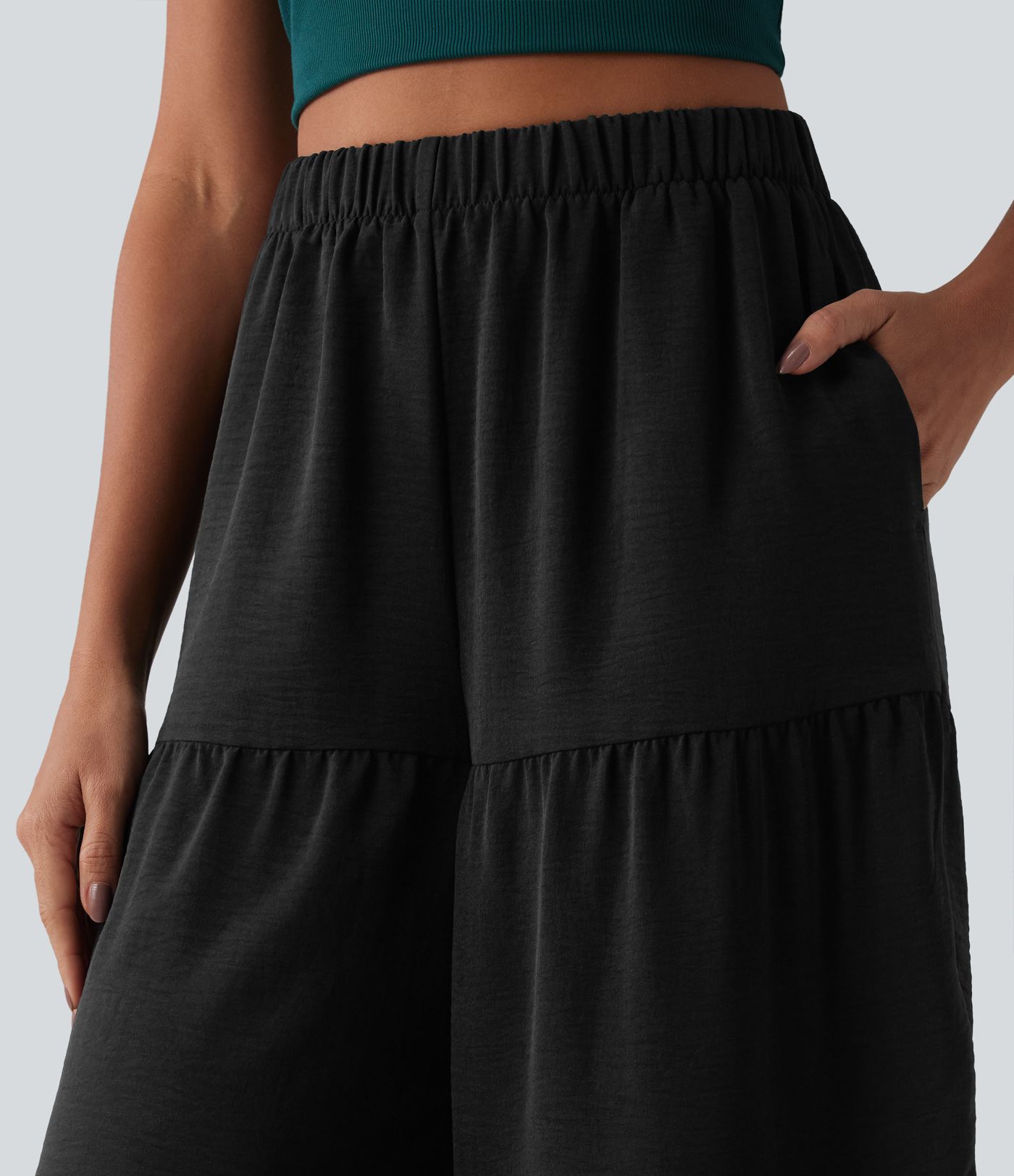 Pantalon taille haute à jambe large et fluide, effet lin, avec poches