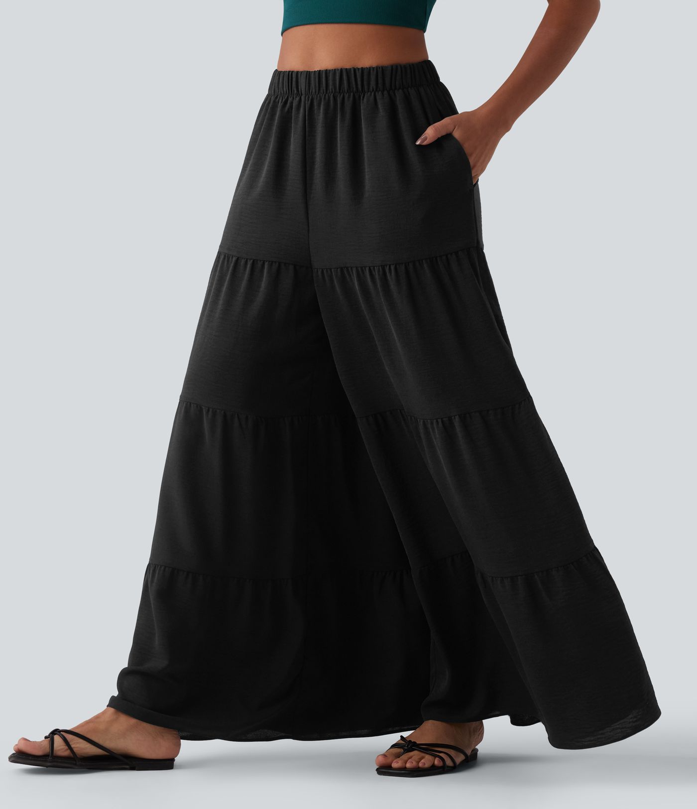 Pantalon taille haute à jambe large et fluide, effet lin, avec poches