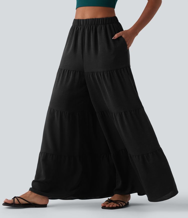 Pantalon taille haute à jambe large et fluide, effet lin, avec poches