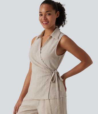 Camisa cruzada sin mangas con cuello y lazo lateral, estilo casual con tacto de lino