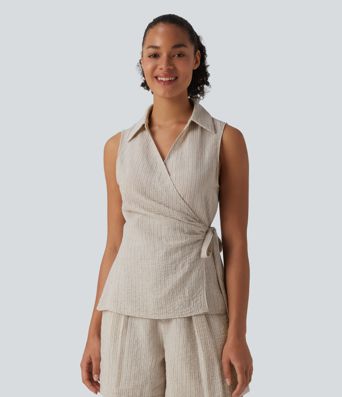 Camisa cruzada sin mangas con cuello y lazo lateral, estilo casual con tacto de lino