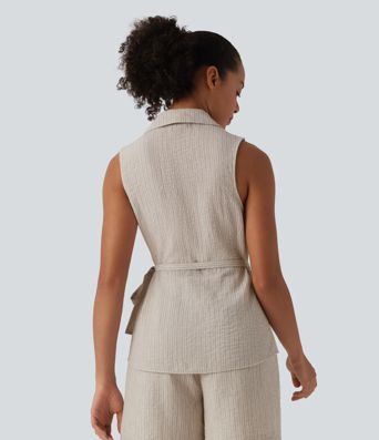 Camisa cruzada sin mangas con cuello y lazo lateral, estilo casual con tacto de lino