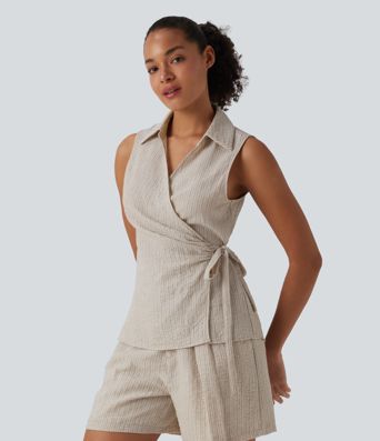 Camisa cruzada sin mangas con cuello y lazo lateral, estilo casual con tacto de lino