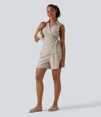 Camisa cruzada sin mangas con cuello y lazo lateral, estilo casual con tacto de lino