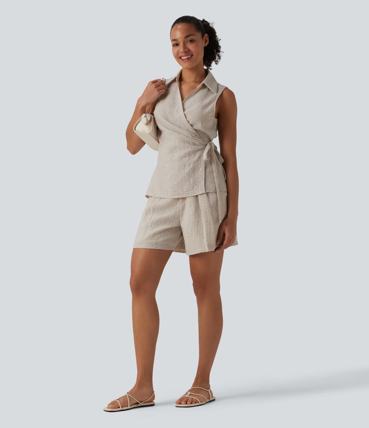 Camisa cruzada sin mangas con cuello y lazo lateral, estilo casual con tacto de lino