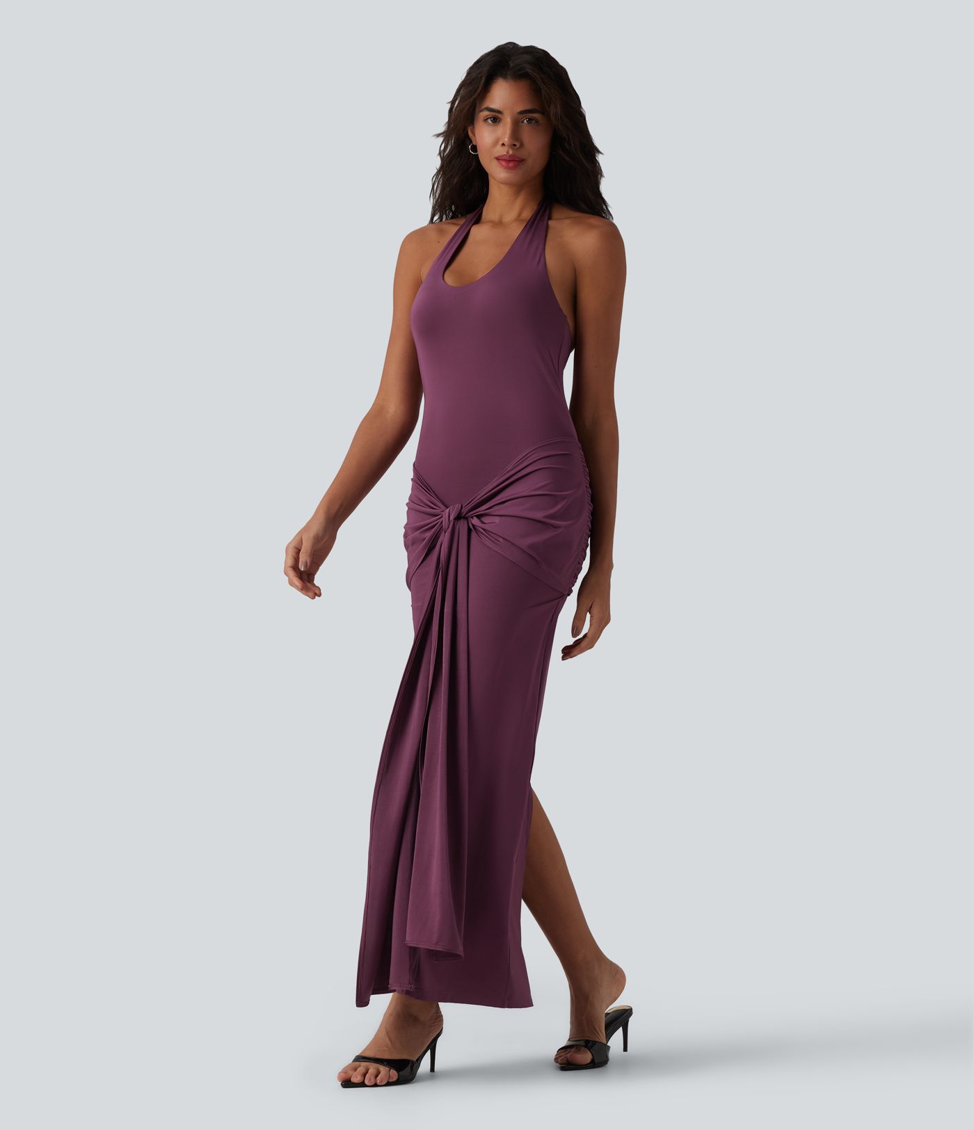 Halter Tie Front Bodycon Ruched Cool Touch Maxi Dress