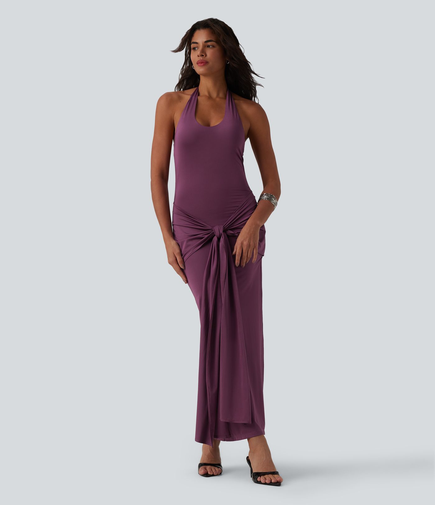 Halter Tie Front Bodycon Ruched Cool Touch Maxi Dress