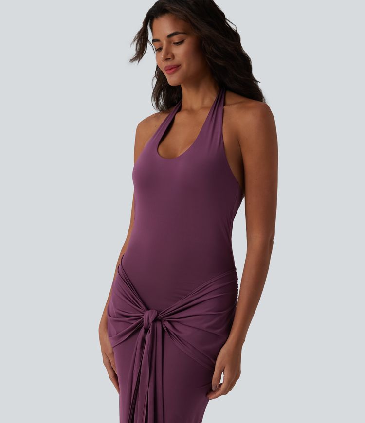 Halter Tie Front Bodycon Ruched Cool Touch Maxi Dress