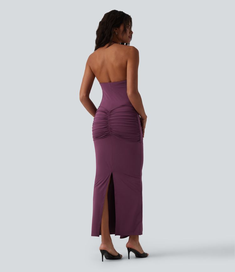 Halter Tie Front Bodycon Ruched Cool Touch Maxi Dress
