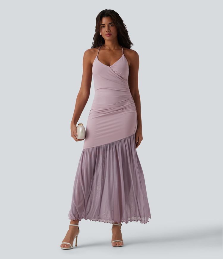 Fließendes Maxikleid mit Herzausschnitt, Kontrast-Mesh und Schnürung