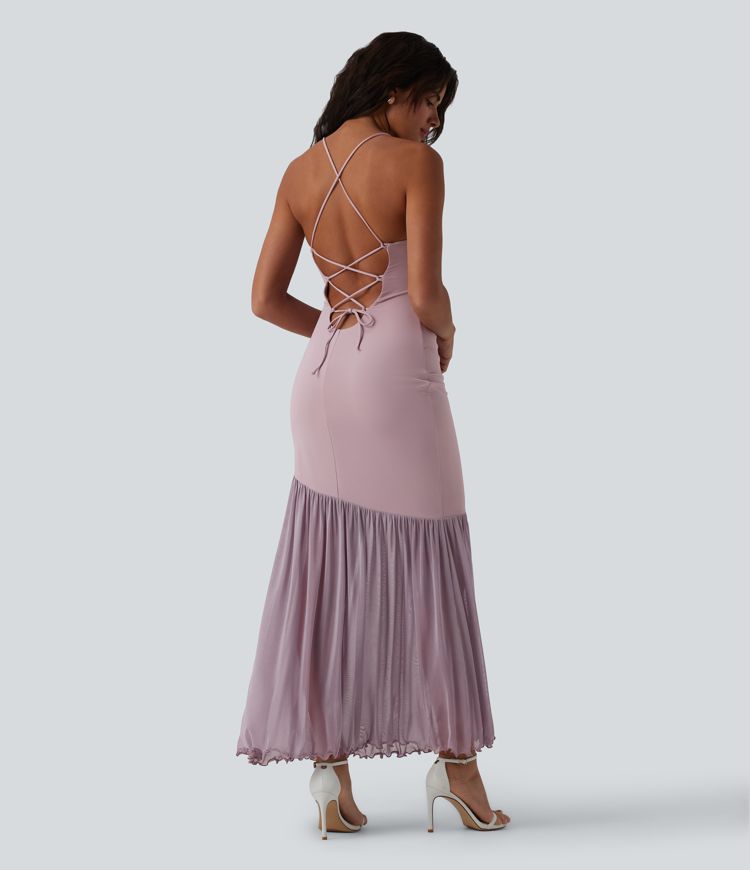 Fließendes Maxikleid mit Herzausschnitt, Kontrast-Mesh und Schnürung