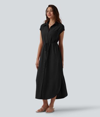 Robe chemise casual mi-longue col manches courtes ceinturée ourlet arrondi avec fente et poches