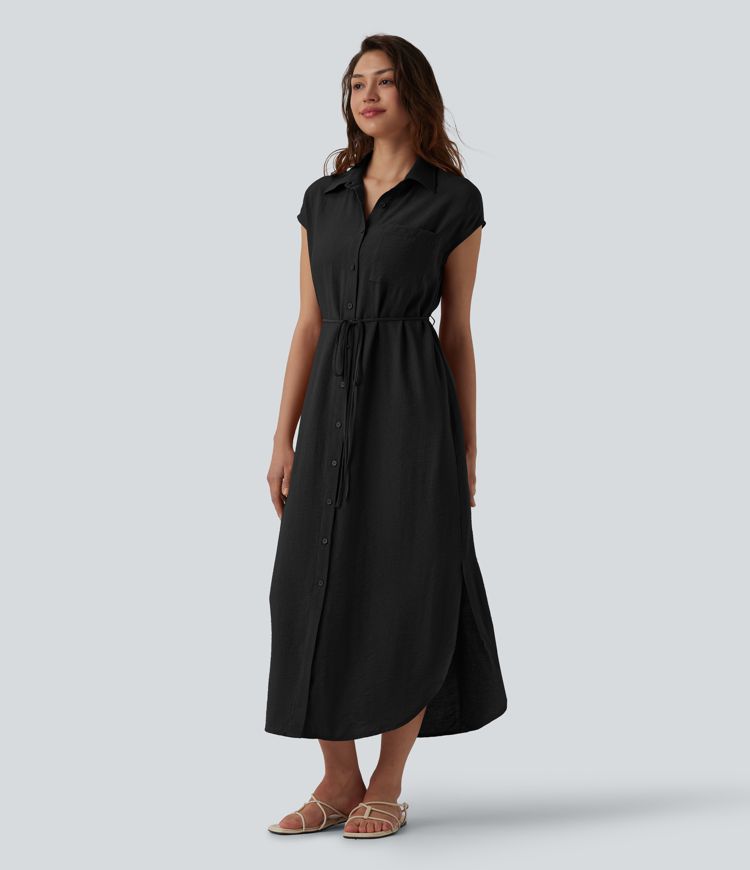 Robe chemise casual mi-longue col manches courtes ceinturée ourlet arrondi avec fente et poches