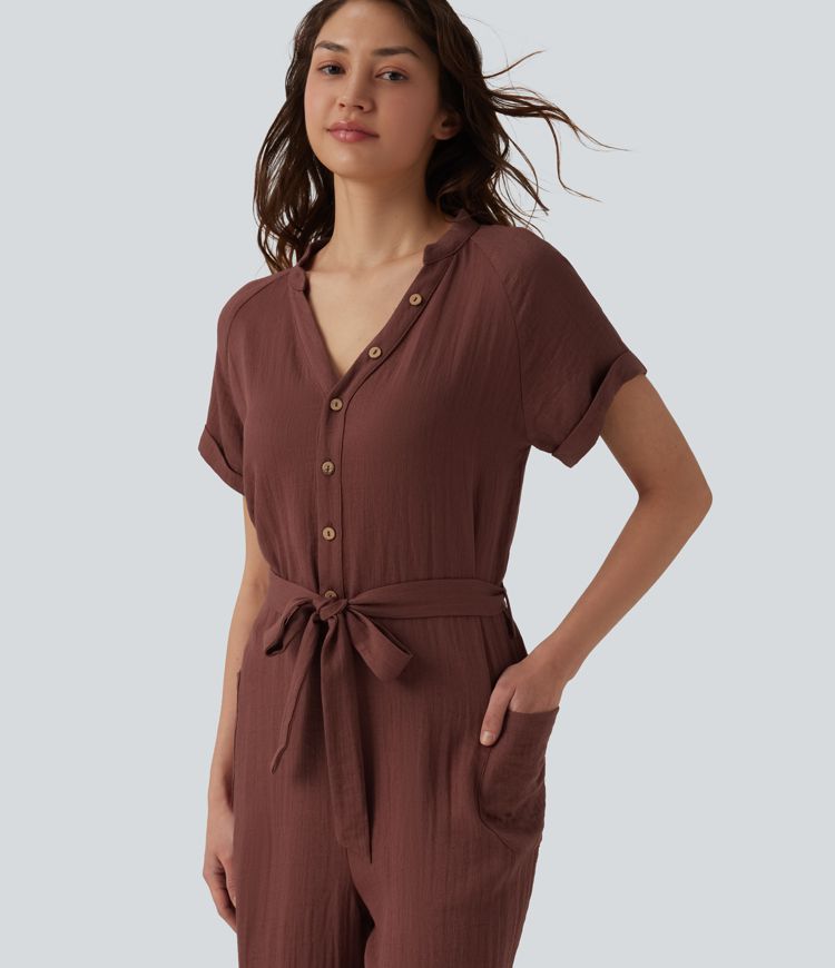 V-neck Short Sleeve Belted Cropped Casual Baggy Jumpsuit with Pockets