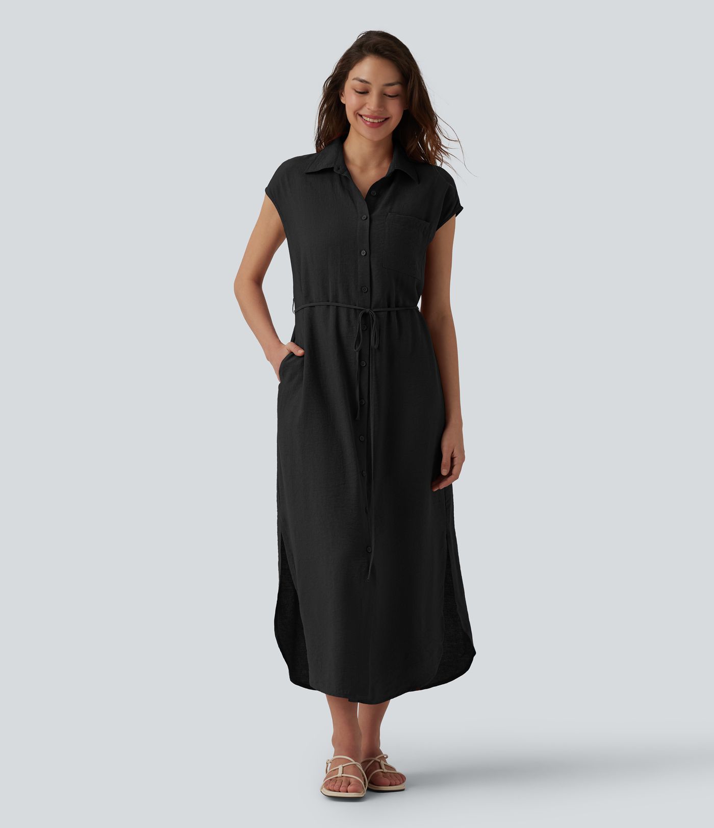 Robe chemise casual mi-longue col manches courtes ceinturée ourlet arrondi avec fente et poches