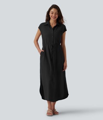 Robe chemise casual mi-longue col manches courtes ceinturée ourlet arrondi avec fente et poches
