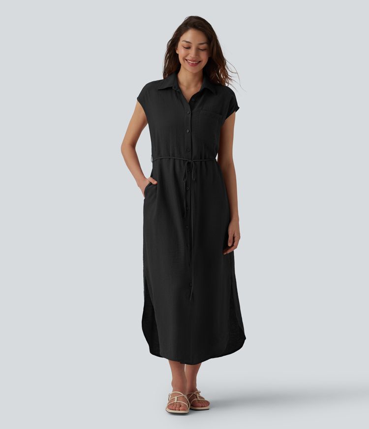 Robe chemise casual mi-longue col manches courtes ceinturée ourlet arrondi avec fente et poches