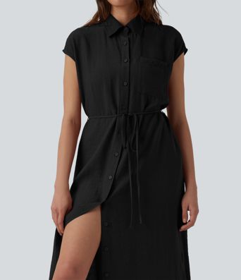 Robe chemise casual mi-longue col manches courtes ceinturée ourlet arrondi avec fente et poches