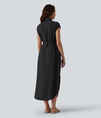 Robe chemise casual mi-longue col manches courtes ceinturée ourlet arrondi avec fente et poches