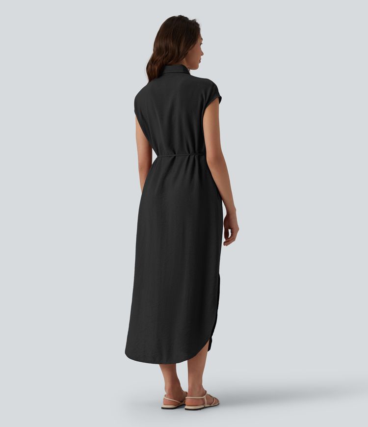 Robe chemise casual mi-longue col manches courtes ceinturée ourlet arrondi avec fente et poches