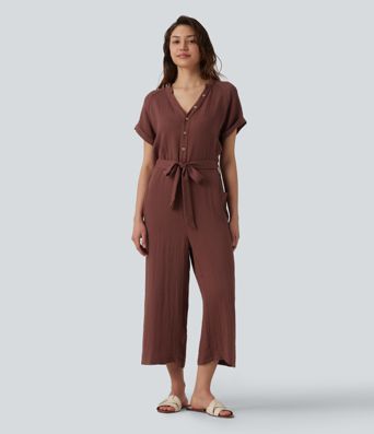 V-neck Short Sleeve Belted Cropped Casual Baggy Jumpsuit with Pockets