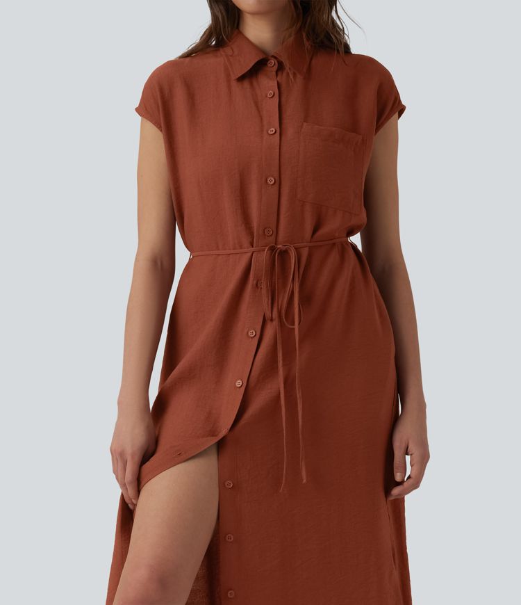 Collar Cap Sleeve Belted Curved Split Hem Midi Casual Shirt Dress with Pockets