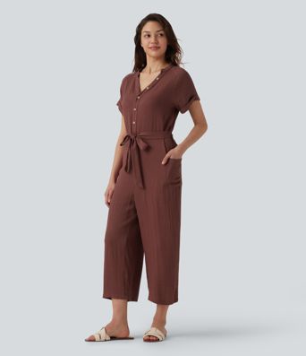 V-neck Short Sleeve Belted Cropped Casual Baggy Jumpsuit with Pockets