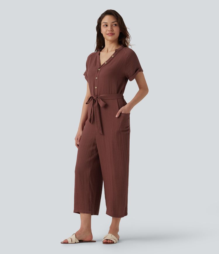 V-neck Short Sleeve Belted Cropped Casual Baggy Jumpsuit with Pockets
