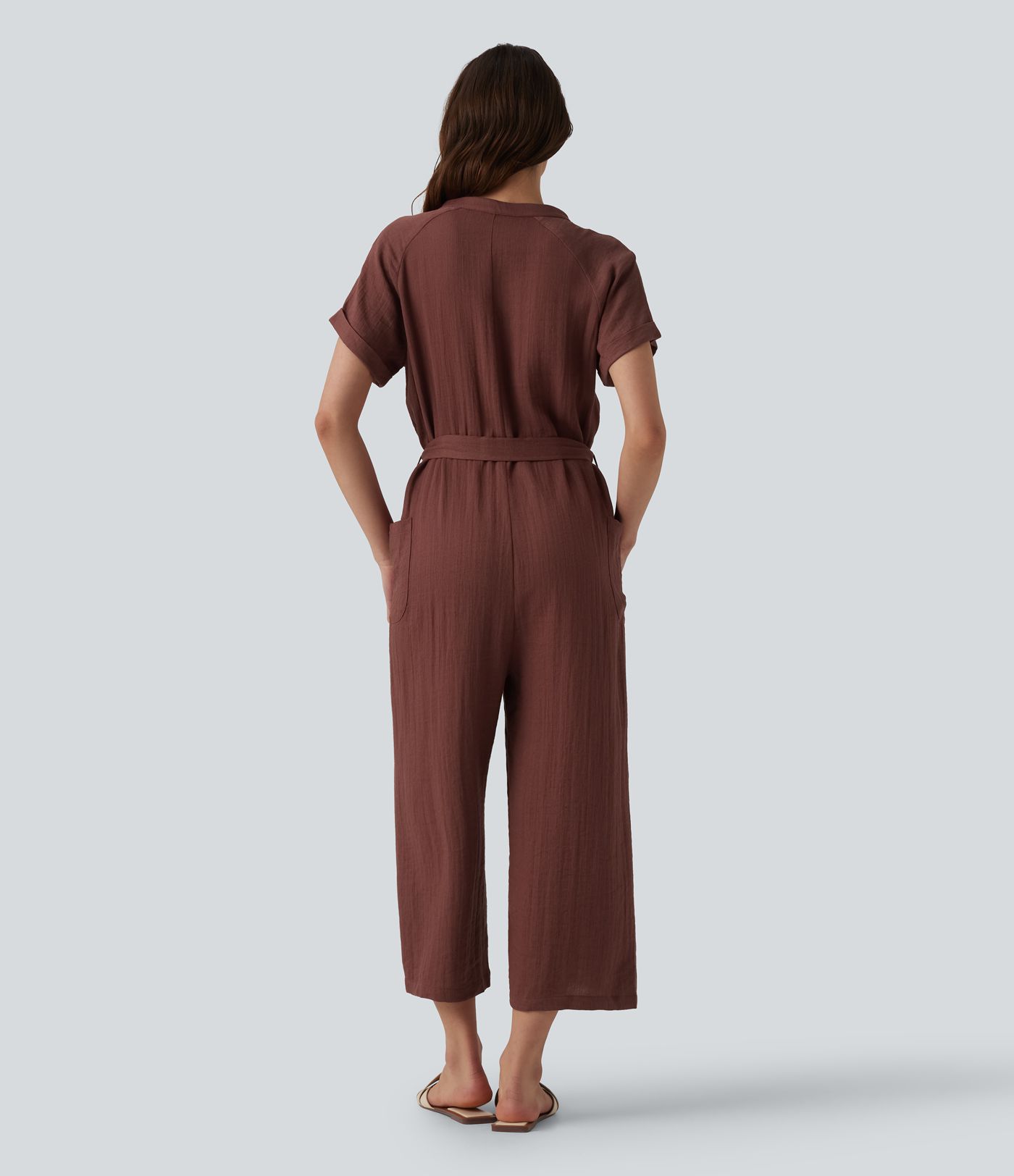 V-neck Short Sleeve Belted Cropped Casual Baggy Jumpsuit with Pockets