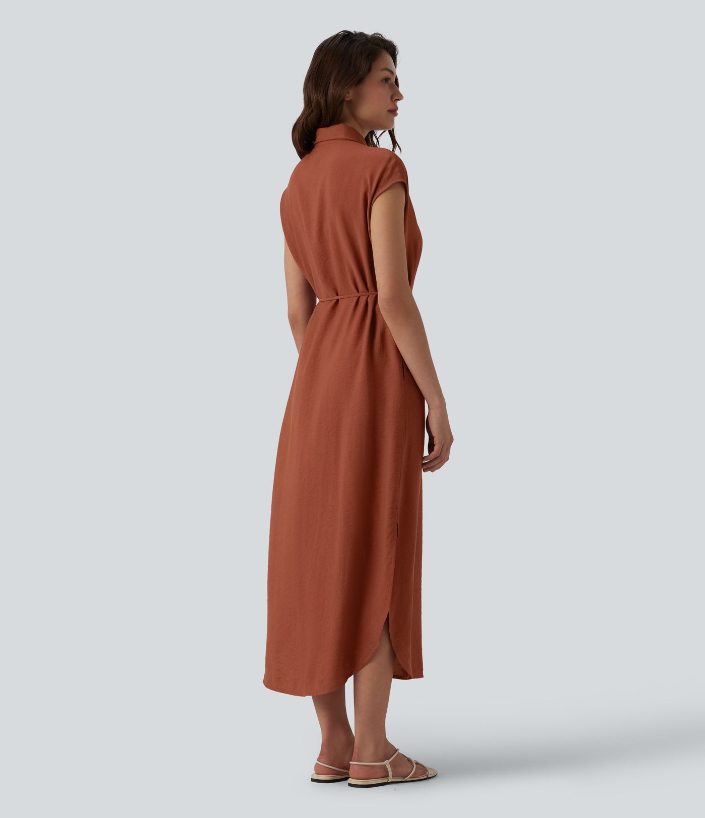 Collar Cap Sleeve Belted Curved Split Hem Midi Casual Shirt Dress with Pockets