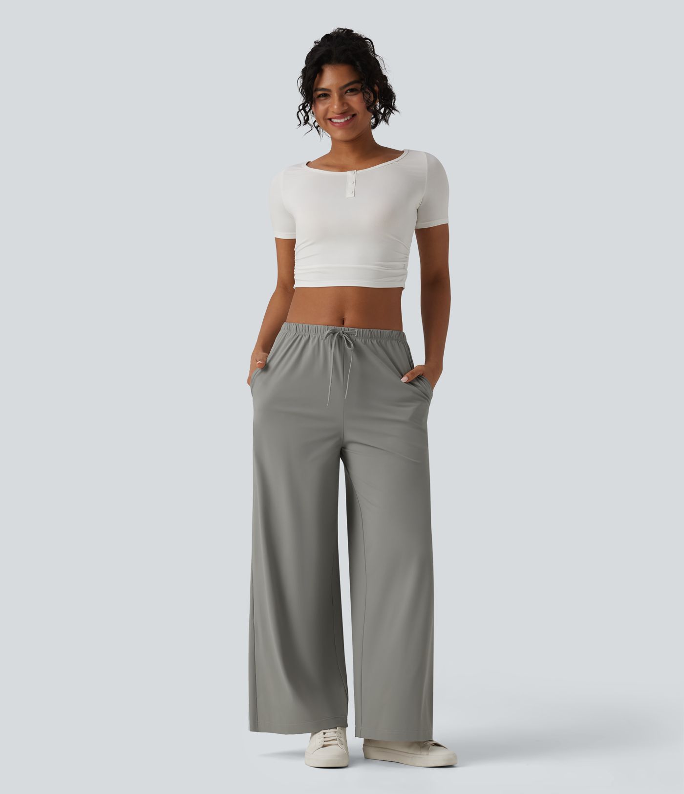 Casual mid-rise broek met trekkoord, wijde pijpen, koel substantieel materiaal, sneldrogend, met zakken