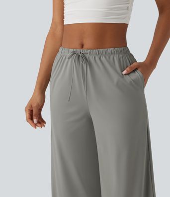 Casual mid-rise broek met trekkoord, wijde pijpen, koel substantieel materiaal, sneldrogend, met zakken