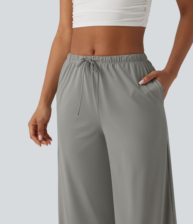 Casual mid-rise broek met trekkoord, wijde pijpen, koel substantieel materiaal, sneldrogend, met zakken