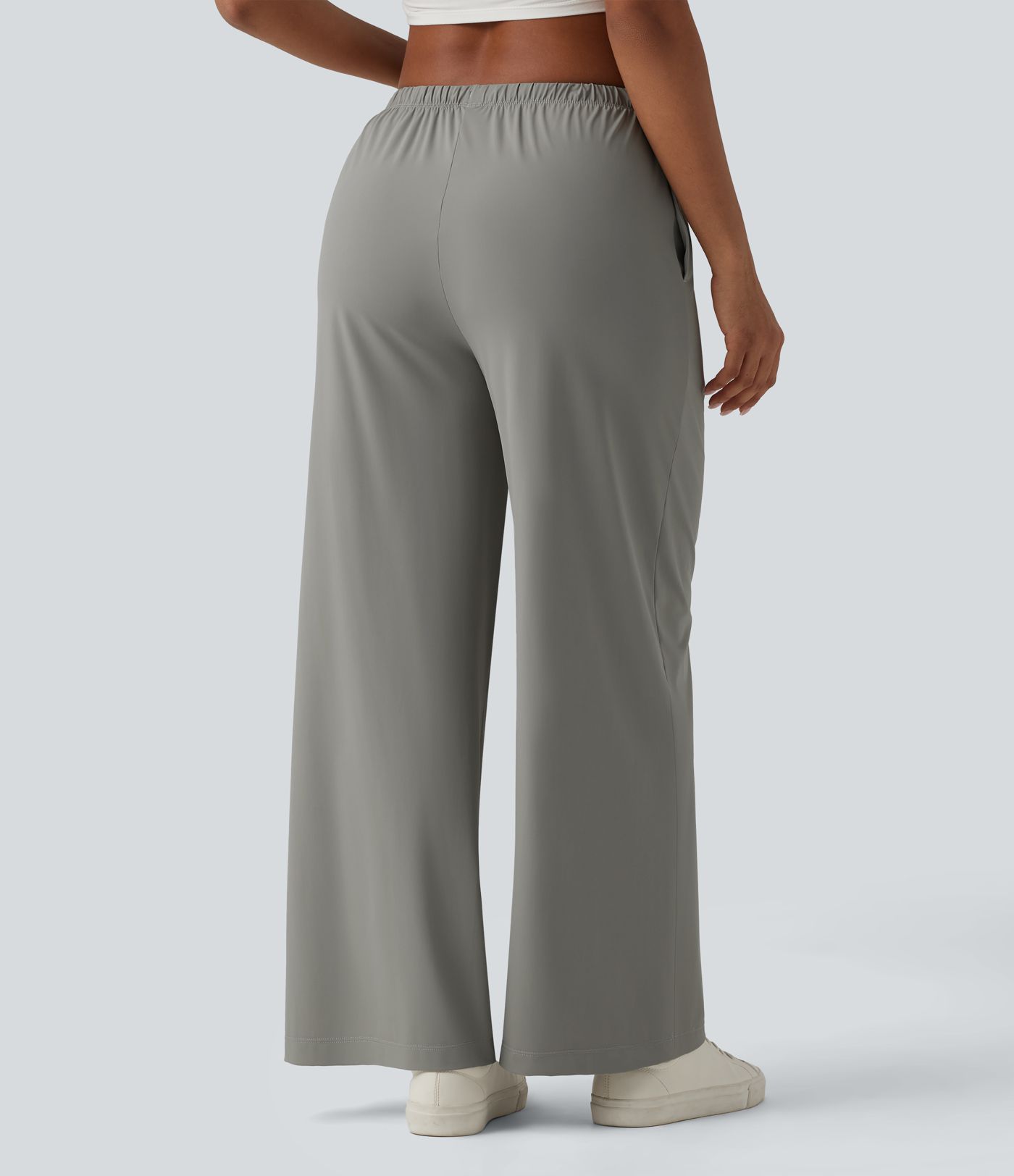 Casual mid-rise broek met trekkoord, wijde pijpen, koel substantieel materiaal, sneldrogend, met zakken