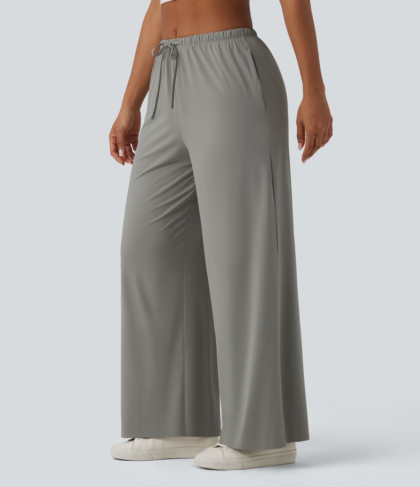 Casual mid-rise broek met trekkoord, wijde pijpen, koel substantieel materiaal, sneldrogend, met zakken