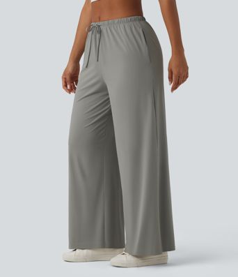 Casual mid-rise broek met trekkoord, wijde pijpen, koel substantieel materiaal, sneldrogend, met zakken