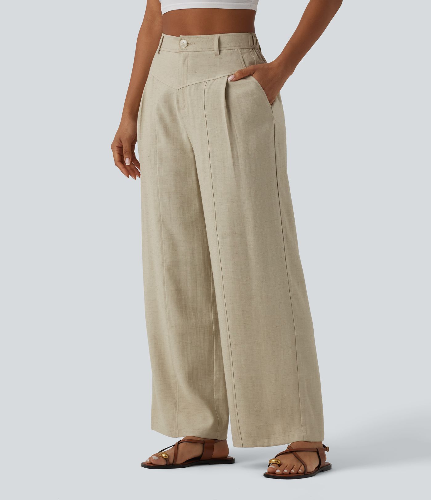 Lässige Leinenhose mit hohem Bund und Taschen