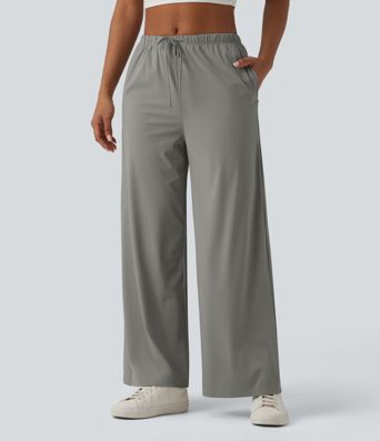 Casual mid-rise broek met trekkoord, wijde pijpen, koel substantieel materiaal, sneldrogend, met zakken