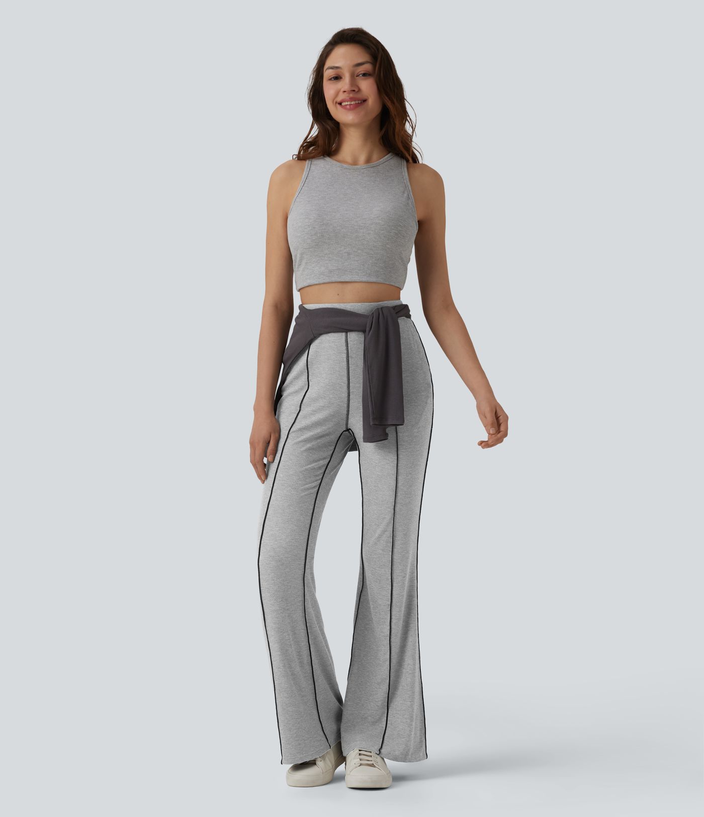 High Stretch Ribbed Knit High Waisted Color Block Top-stitching Casual Flare Leggings with Pockets