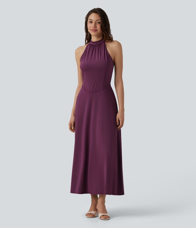 Mock Neck Sleeveless Invisible Zipper Maxi Cool Touch Bridesmaid And Wedding Guest Flowy Dress with Pockets