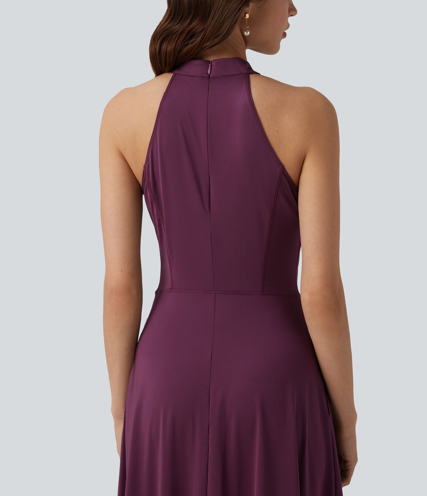 Mock Neck Sleeveless Invisible Zipper Maxi Cool Touch Bridesmaid And Wedding Guest Flowy Dress with Pockets