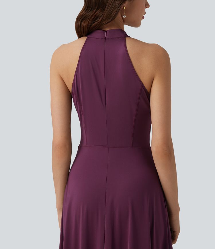 Mock Neck Sleeveless Invisible Zipper Maxi Cool Touch Bridesmaid And Wedding Guest Flowy Dress with Pockets