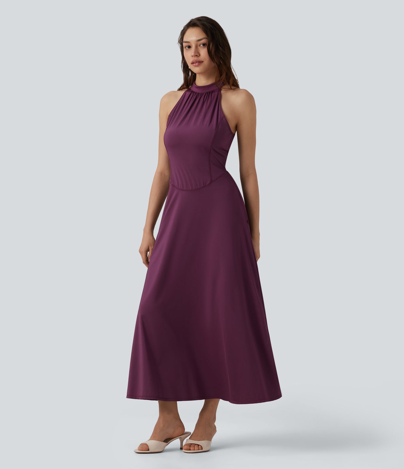 Mock Neck Sleeveless Invisible Zipper Maxi Cool Touch Bridesmaid And Wedding Guest Flowy Dress with Pockets